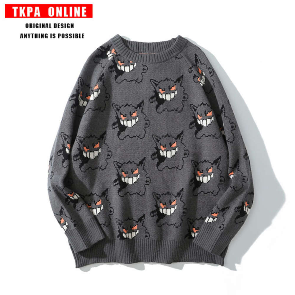 

Tkpa Harajuku Street cartoon demon full embroidery ins net red couple's loose long sleeve sweater men's fashion brand, White;black