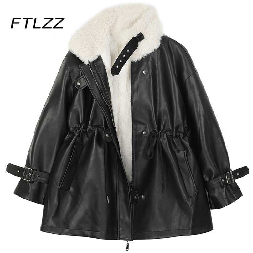 

Faux Lamb Wool Warm Leather Jacket for Women Fashion Long Sleeve Loose Korean Biker Moto Coat Female Outwear 210525, Black