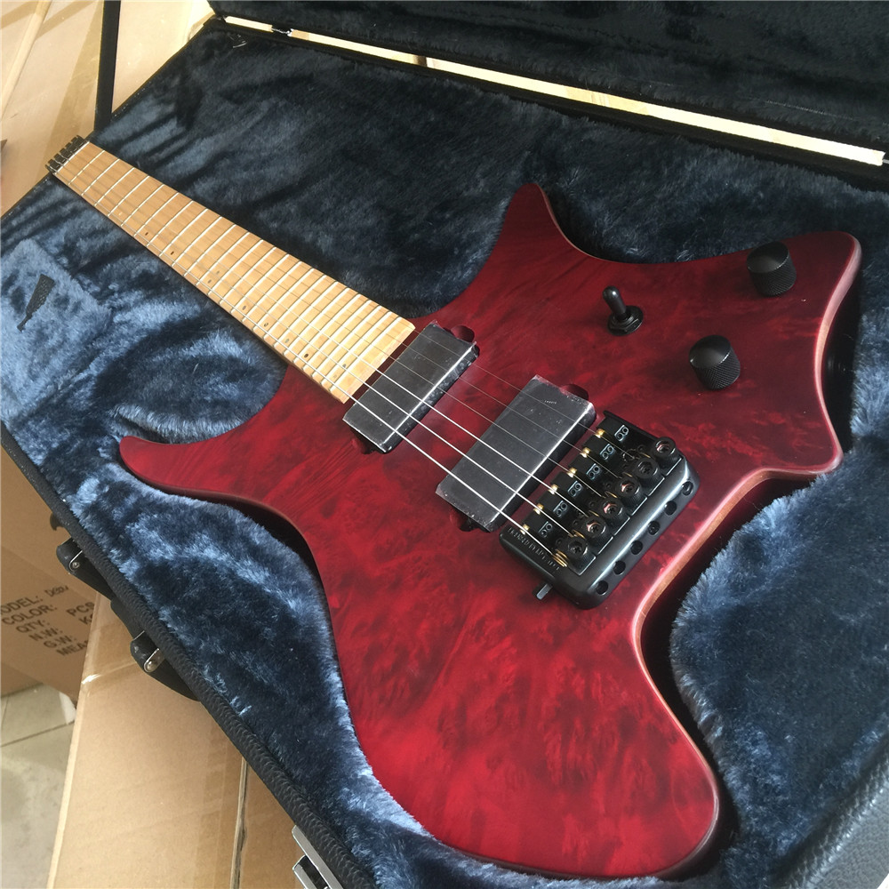 

Brass Saddle bridge flamed maple top red Headless Electric guitar Guitarra Body Top Single Binding all Color Available