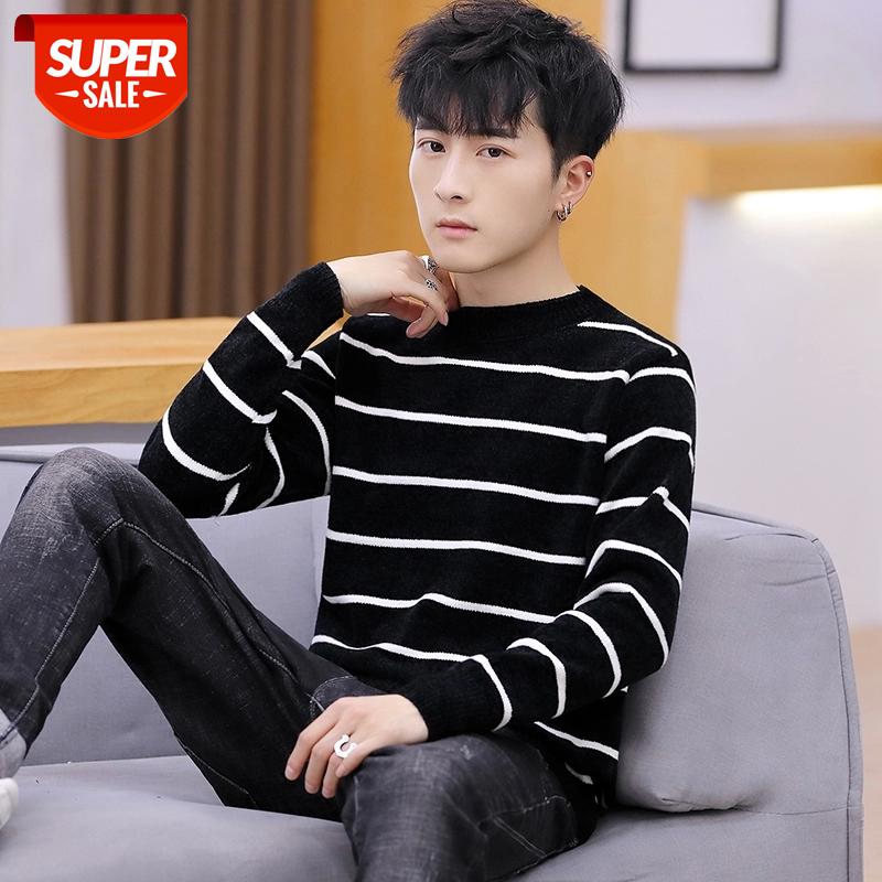 

2019 Autumn Casual Men's Sweater O-Neck Striped Slim Fit Knittwear Mens Sweaters Pullovers Pullover Men Pull Homme -3XL #jd8i, White;black