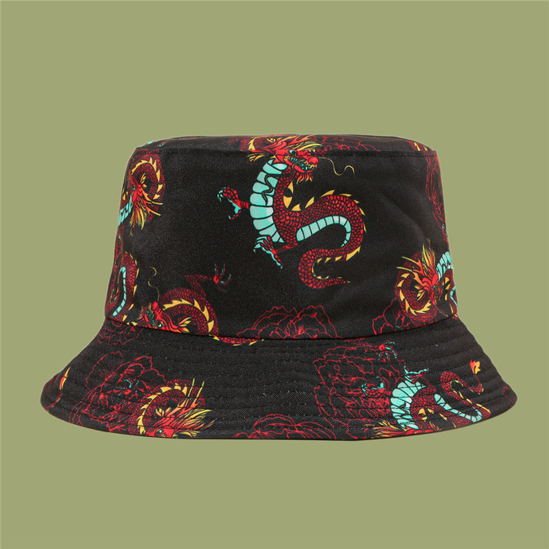 

2021 fashion joker dragon print two side wear Bucket Hat Fisherman Hat outdoor travel hat Sun Cap Hats for Men and Women 87, Blue;gray