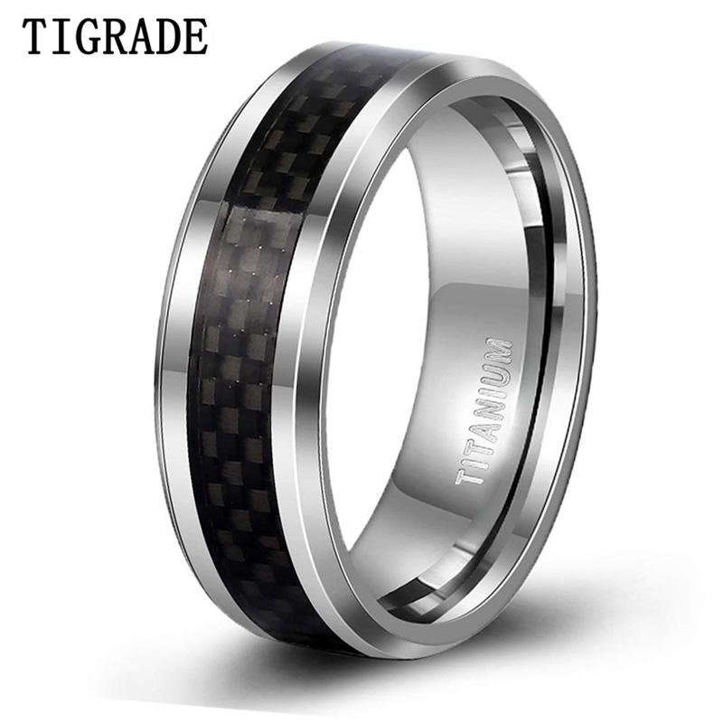 

TIGRADE 8mm Men's Titanium Black Carbon Fiber Inlay Beveled Edges Ring Man Cool Party Rings Wedding Band Comfort Fit Size 6-13