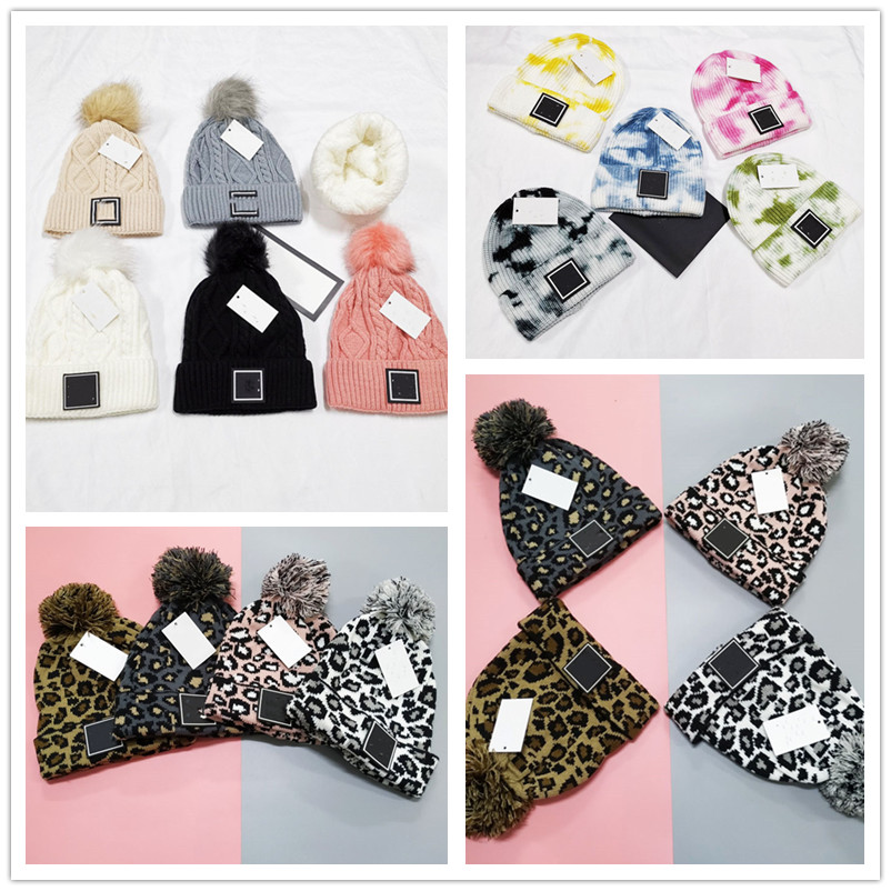 

2021 Leopard Knitted Hats Pom Fur Ball Beanies Women Winter Warm Wool, 10