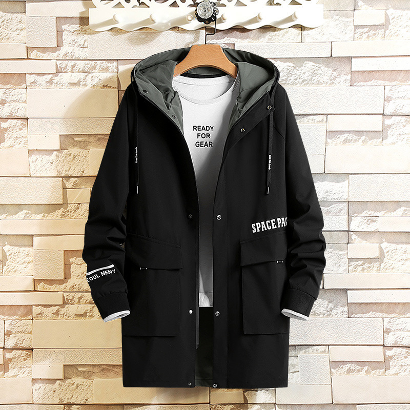 

2021 Brand New Autumn Casual Long Jacket Coats Fashion Hooded Solid Elastic Windbreaker Pocket Trench Jackets Men 44ux, Black