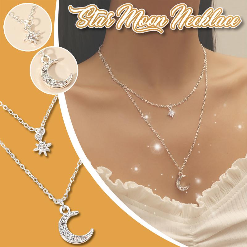 

Pendant Necklaces European And American Necklace Women Double Layer Diamond Star Moon Femme Party Wedding Jewelry Collier, Silver
