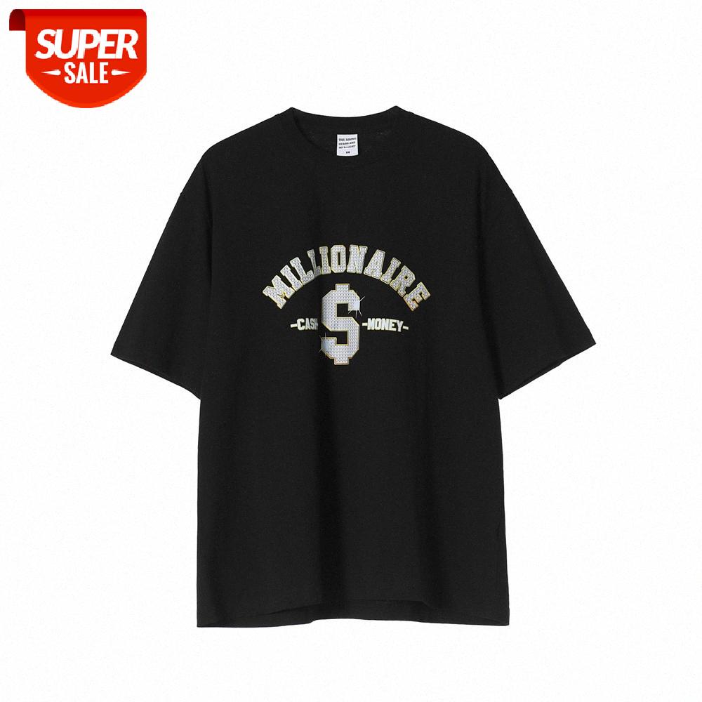 

American letter printed short-sleeved T-shirt men's bf lazy romantic loose round neck five-point sleeves #OC0W, White;black