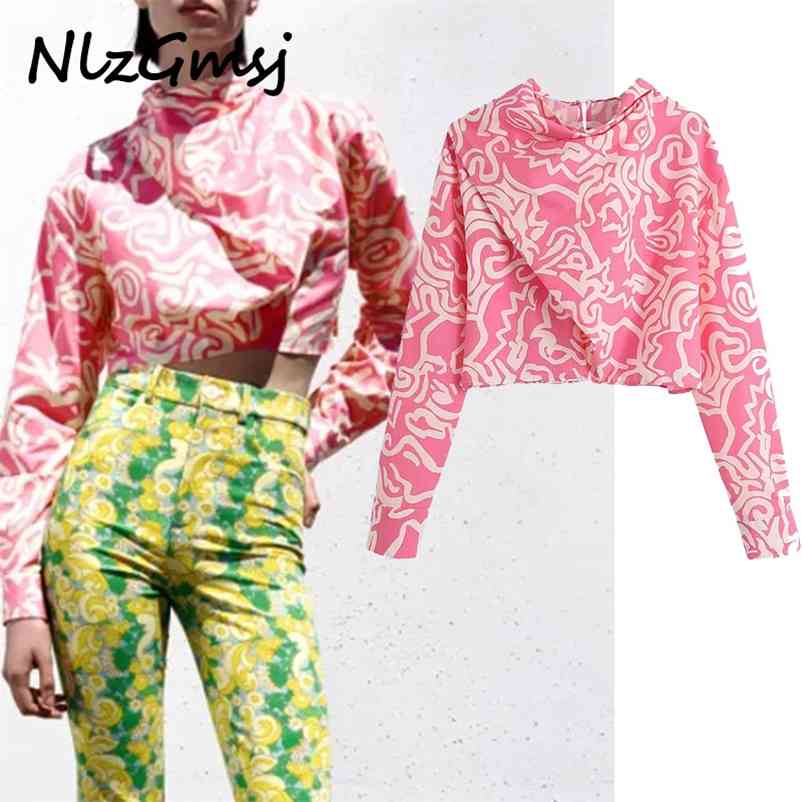 

Blouse Woman Print Crop Top Women Vintage Tied Long Sleeve Female Back Chic Summer 05 210628, As picture