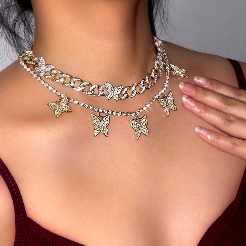 

Chains Shiny Full Rhinestone Paved Cuban Chain Necklaces For Women Multi-layer Butterfly Crystal Pendent Necklace Punk Jewelry Gift, Silver