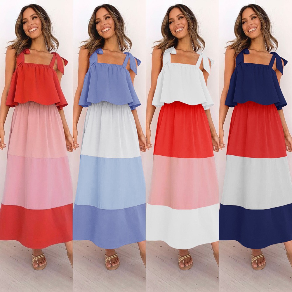 

New 2021 Summer Women' Lace-up Ruffled Contrast Women Fashion Sexy Sleeveless Backless High Waist A-line Maxi Femme Od6a, Blue and orange