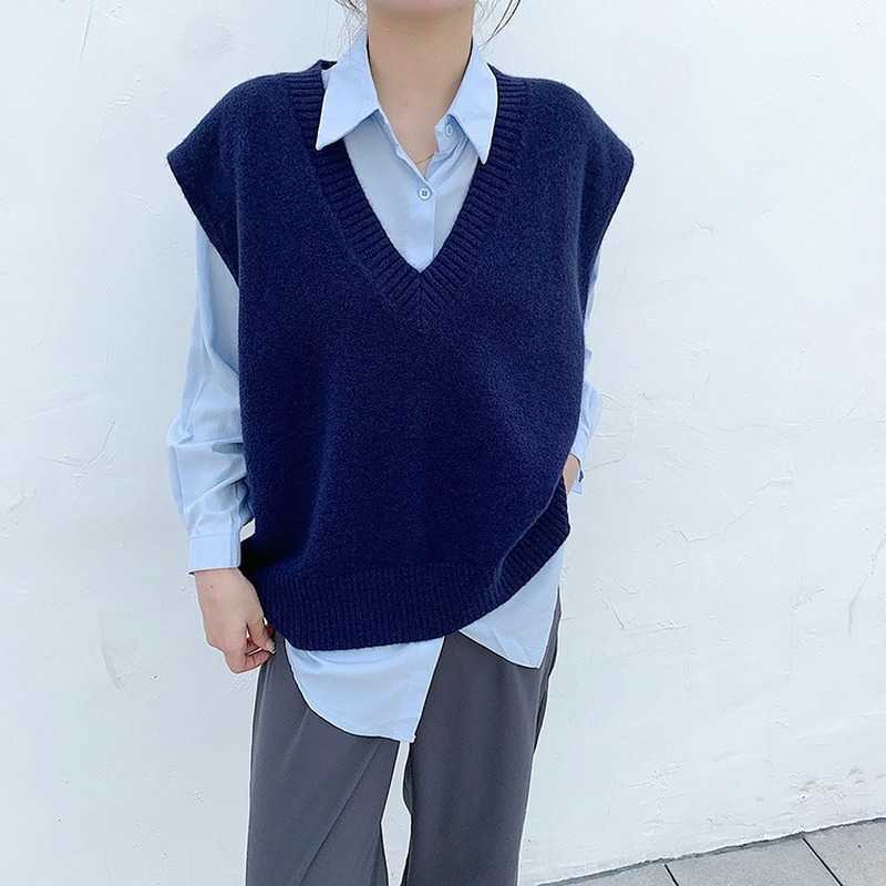 

Spring Knitted V-Neck Sweater Vest Women's Korean Loose Sleeveless Pullovers Female 210607, Dark blue