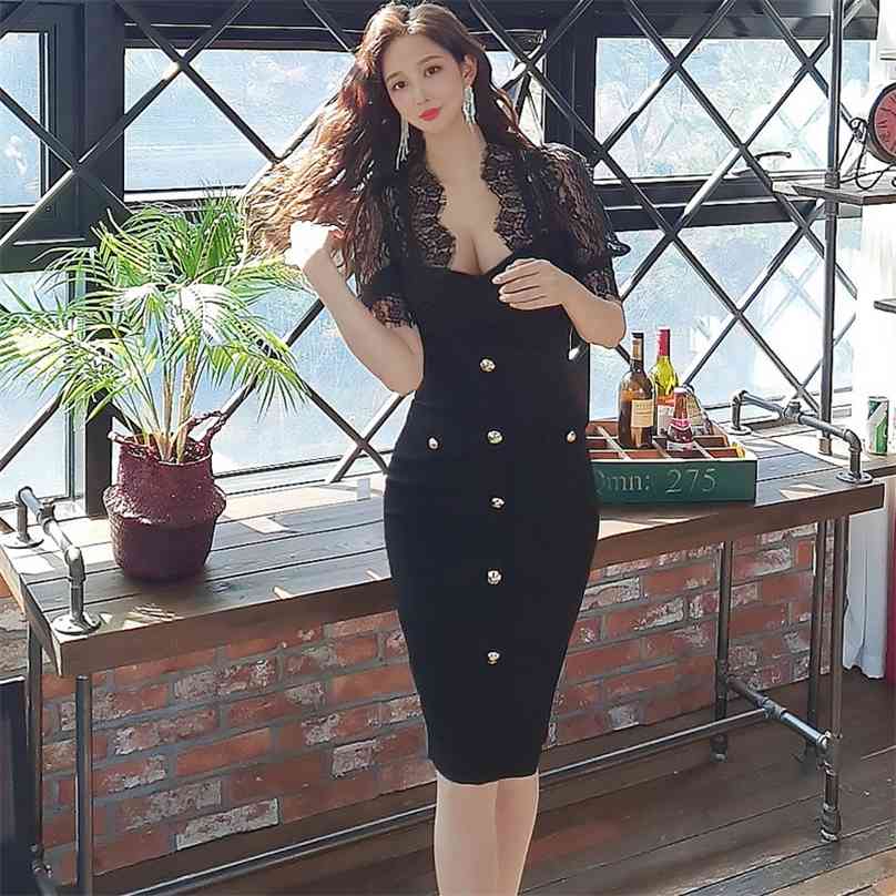 

Black lace tight Dress SHort SLeeve V neck Sexy office Bodycon cabaret Party Dresses for women 210602