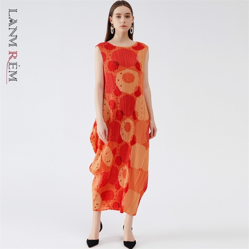 

Women's Summer Printed Plus Size Dress Sleeveless Korean Version Lantern Long Fold Dresses Fashion 2D1724 210526, Orange