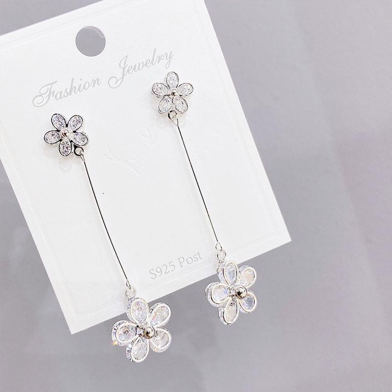 Stud Delicate 14K Gold Plated Flower Earrings For Women Luxury Zircon CZ Long Gift-image-707233786
