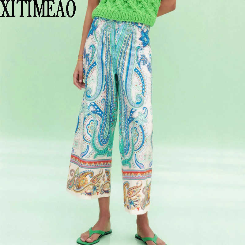 

Za Retro printing Long Trousers Lady Streetwear Pants Casual Straight Women Loose Wide Leg XITIMEAO 210604, Blue