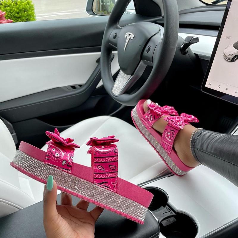 

Slippers Summer Bow Sandals Fashion Rhinestone Handmade Women's Shoes Open Toe Outdoor Casual Plus Size 43, White