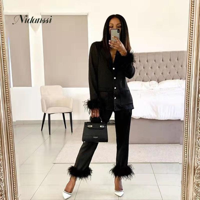 

Women' Two Piece Pants Nidanssi Solid Color Suit Lapel Feather Two-piece Set Single-breasted Long Sleeve 2 Slim Straight Trousers Women, Black