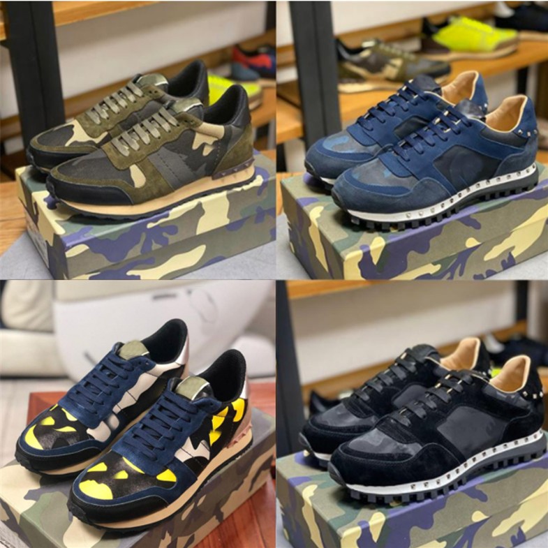 New Camouflage Sneaker Womens Mens Rivet Shoes Studded Flats Mesh Camo Suede Leather Casual Trainers Rockrunners Shoes With box