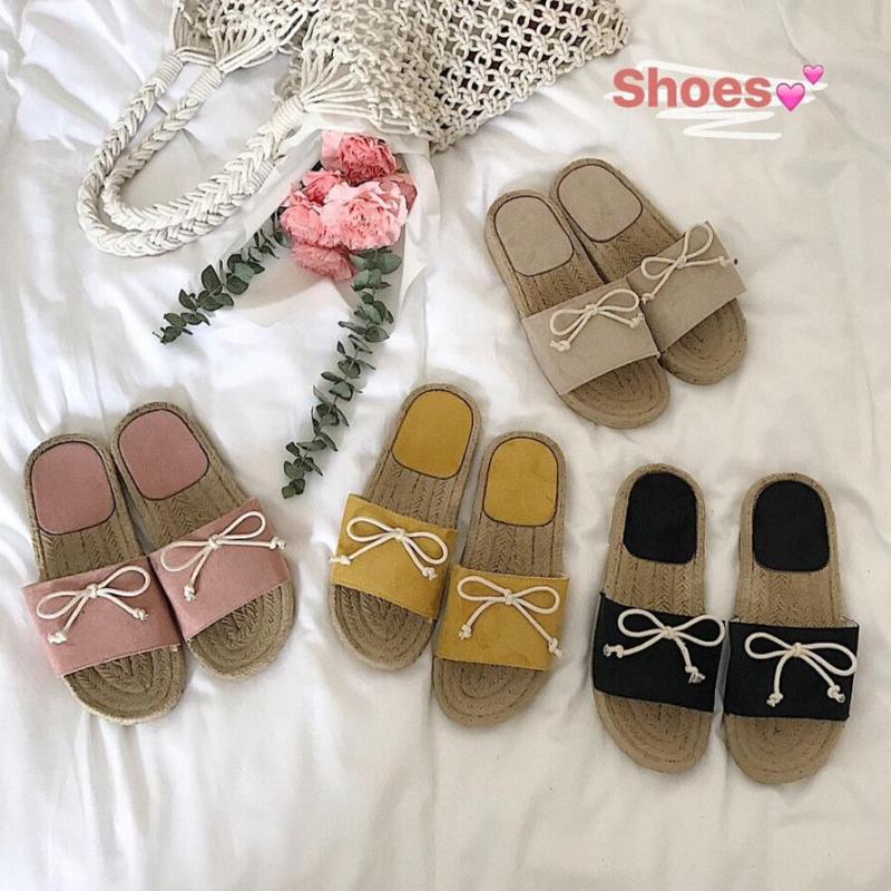 

rope bowtie flat slippers women brand designer soft bottom beach sandals open toe flock summer gladiator sandalias mujer y847, Yellow