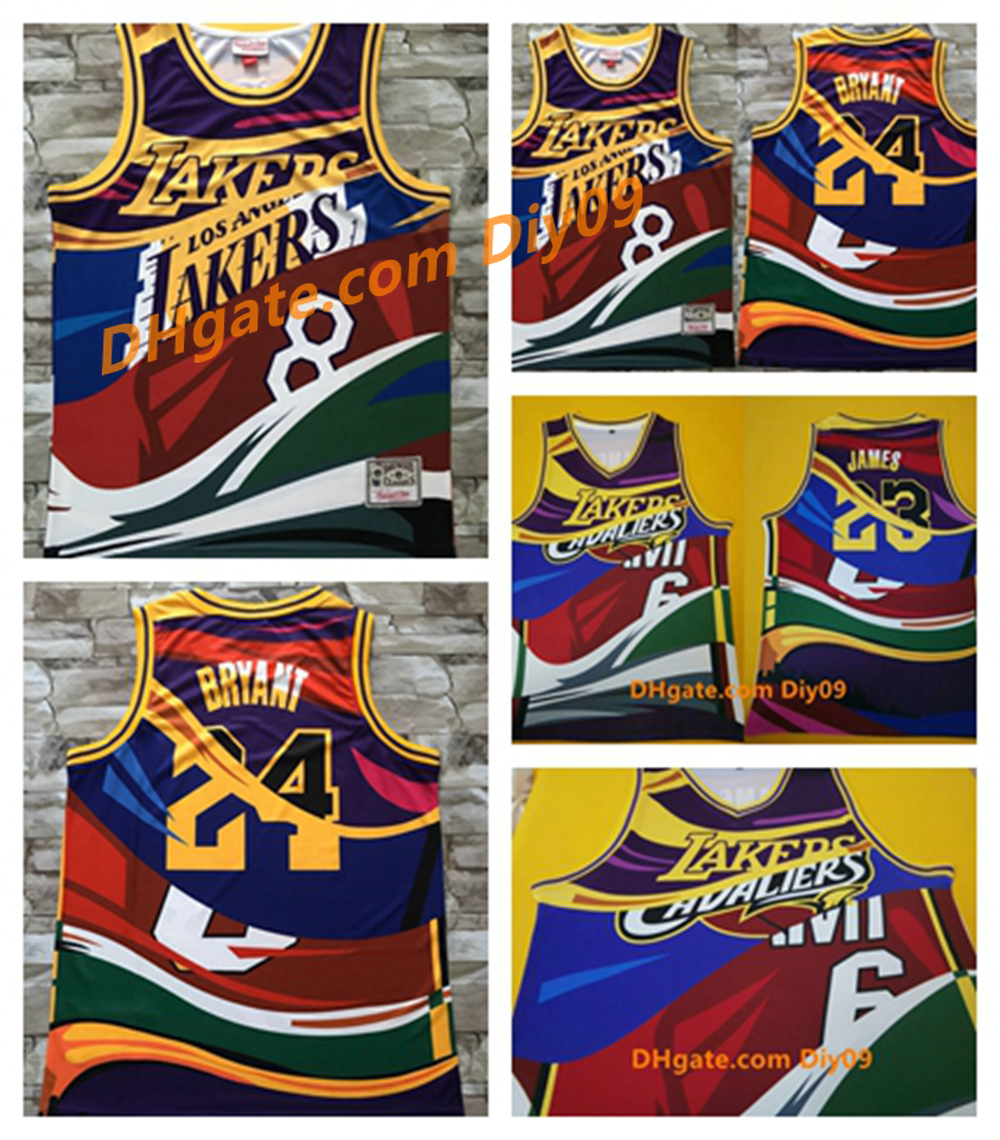 

Throwback Los Angeles Lakers Mitchell Ness 23 LeBron James 8 24 Bryant Mixed Edition Vintage Basketball Jerseys, Black;red