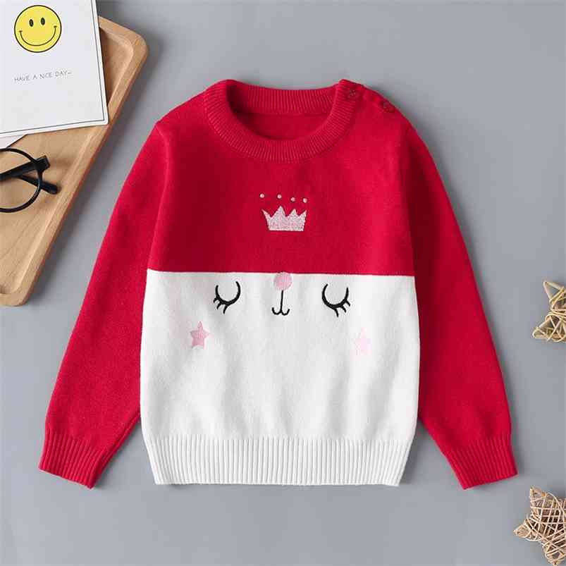 

Arrival Sweater Children Clothing Print Knitted Baby Girls Long Sleeve Patchwork Knitwear 1-5T Kids 210629, Red