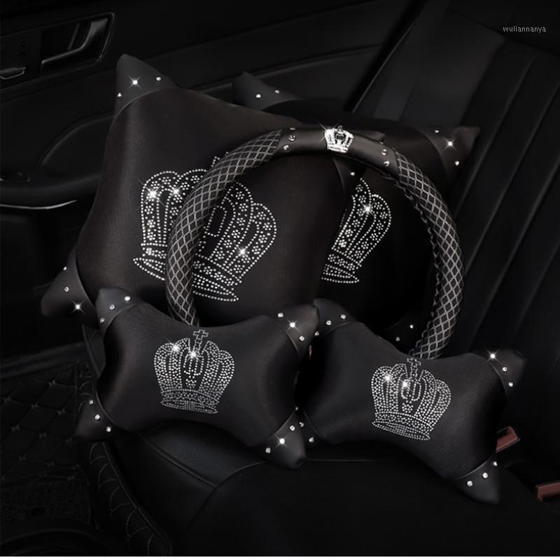 

Seat Cushions Fashion Summer Ice Silk Crown Rhinestones Car Headrest Lumbar Pillow Breathable Neck Sets