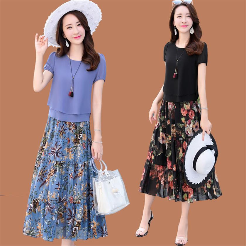 

chiffon two piece mom women tracksuits suits summer solid loose blouse short sleeve o neck print pleated long dress, Gray
