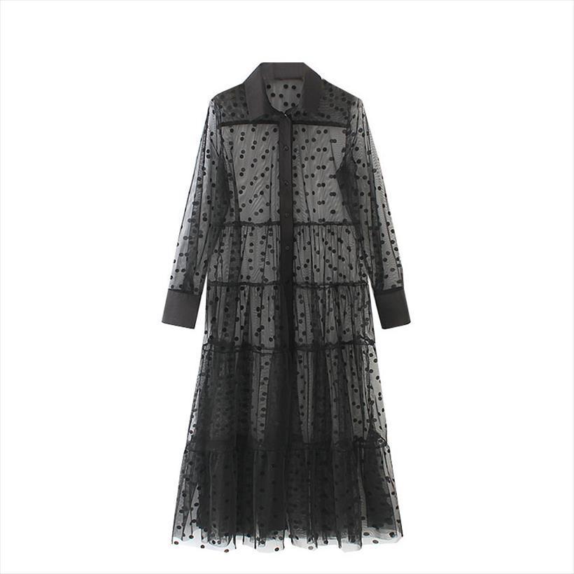 

beach cover up turn down womens dresses collar transparent party shirts see through polka dot lace long blouses, Black;gray