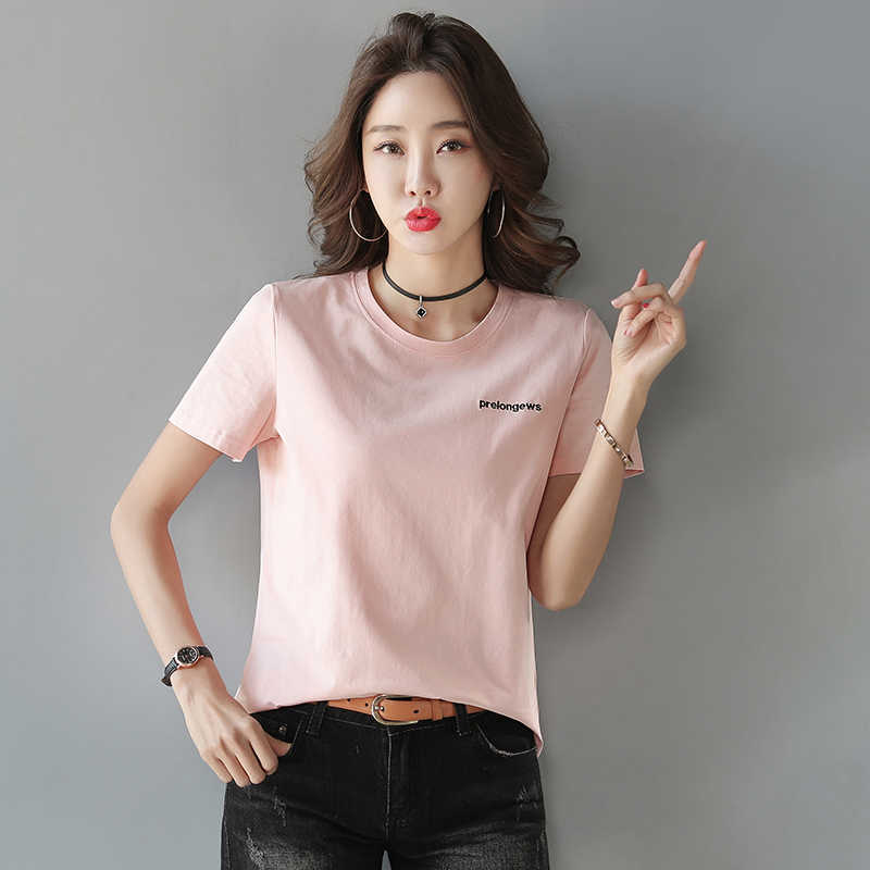 

Plus Size Summer Pink T shirt Women Tops Embroidery Letter White Tshirt Women Clothes Korean Short Sleeve Tee shirt 3XL 210604, Black
