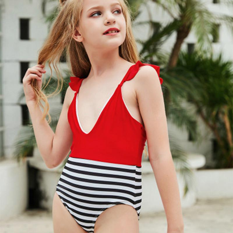 

One-Pieces Girls Swimsuit Bikini Beachwear Sport Summer Holiday Backless Casual Color Matching Cute Solid One Piece Swimwear, Red