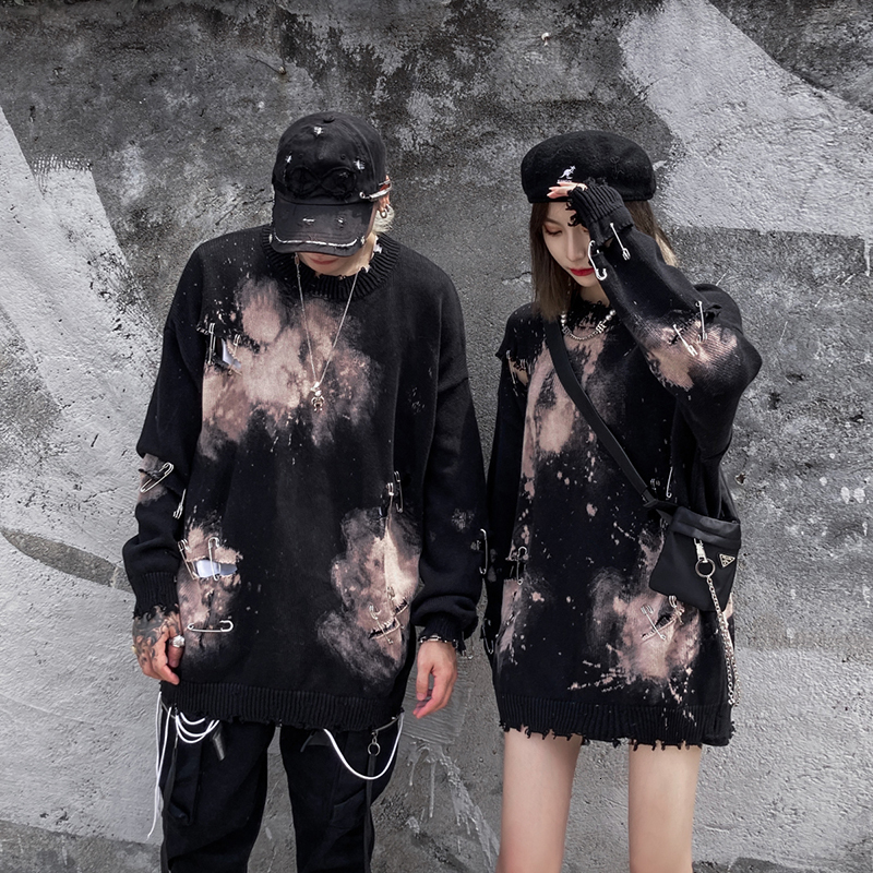 

2021 New Lao Dye Buraco Suteres Masculinos e Femininos o Pescoo Oversize Inverno Baggy Jumper Streetwear Pulver Blusas Casuais Tf3b, Black