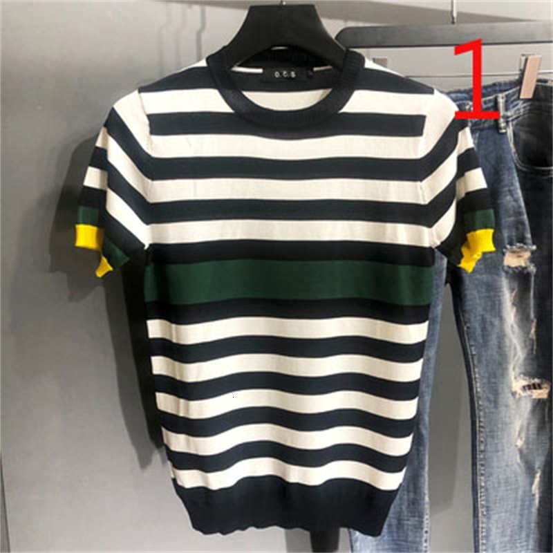 

2021 New Summer Men's Color Matching Knitted T-shirt Youth Sweater Half-sleeved Round Neck Tight Stripes Vo2e