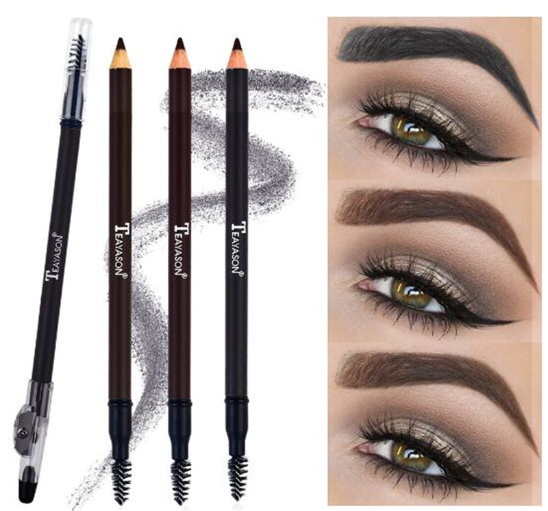 

Teayason Eyes Makeup Perfect Eyebrow Pencil with Sharpener Eye Brow Tint Enhancers Pen Bursh 3 Colors, 1#grey black