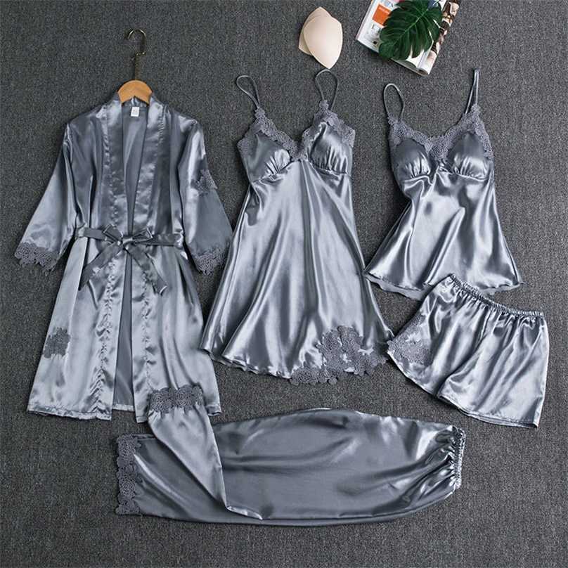 

Sleepwear Female 5PCS Pajamas Set Satin Pyjamamas Lace Patchwork Bridal Wedding Nightwear Rayon Home Wear Nighty&Robe Suit 211109, Gray a
