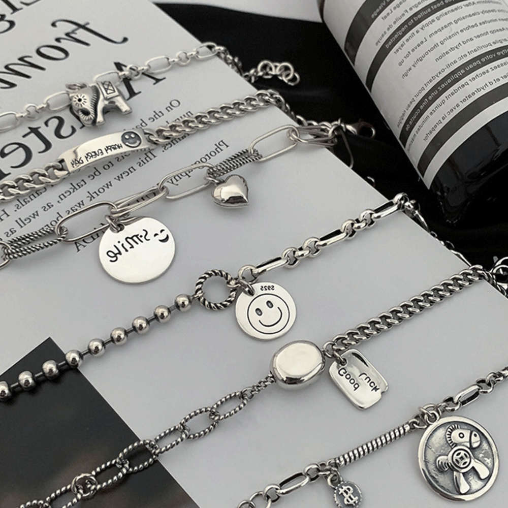 

925 Sterling Silver Thai silver bracelet women's smiling face heavy industry made old in cool fashion net red Bracelet, Golden;silver