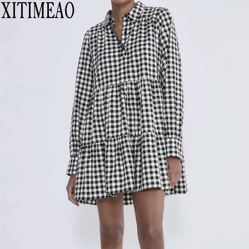 

ZA Women Fashion Ruffled Plaid Mini Dress Vintage Lapel Collar Puff Sleeve Femal Solid color skirte Dresses Chic 210602, Black