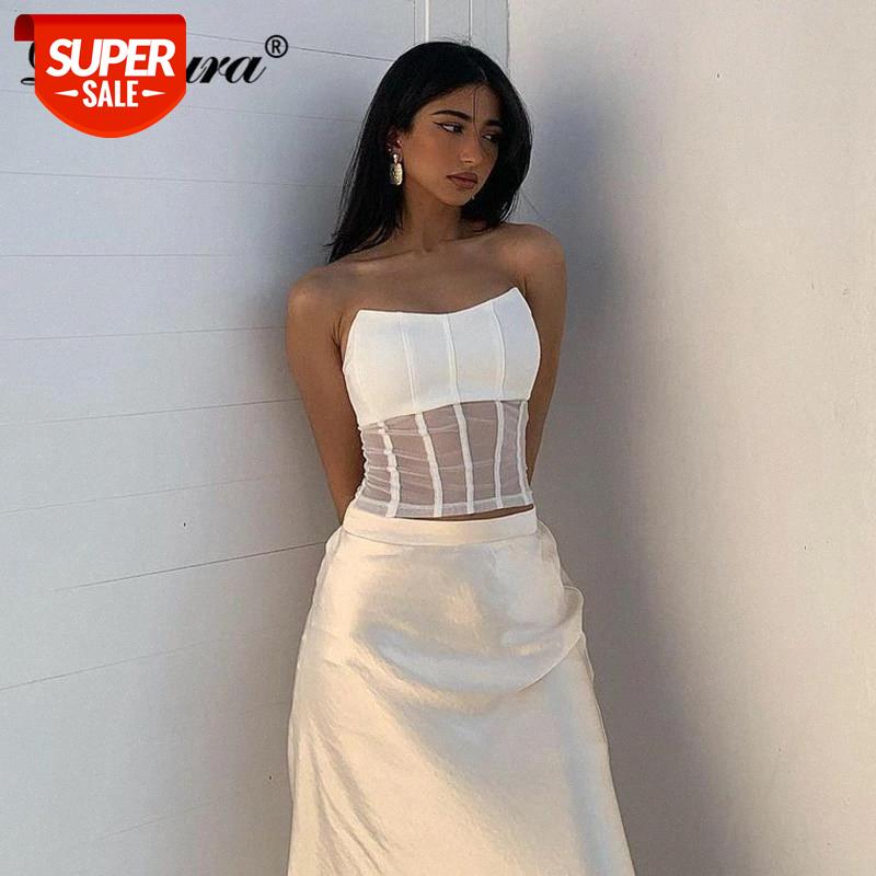 

Dulzura Mesh Patchwork Women Corset Top Tube Tanks Stripe Bustier Crops Sexy Streetwear Party Elegant 2020 Autumn Winter Club #Gd3S, White