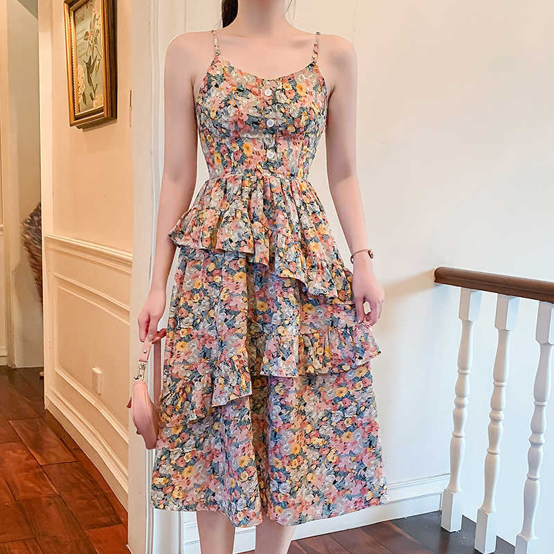 

retro oil painting printing long suspenders spring and summer small cake dress Sleeveless Knee-Length 210603, Orange