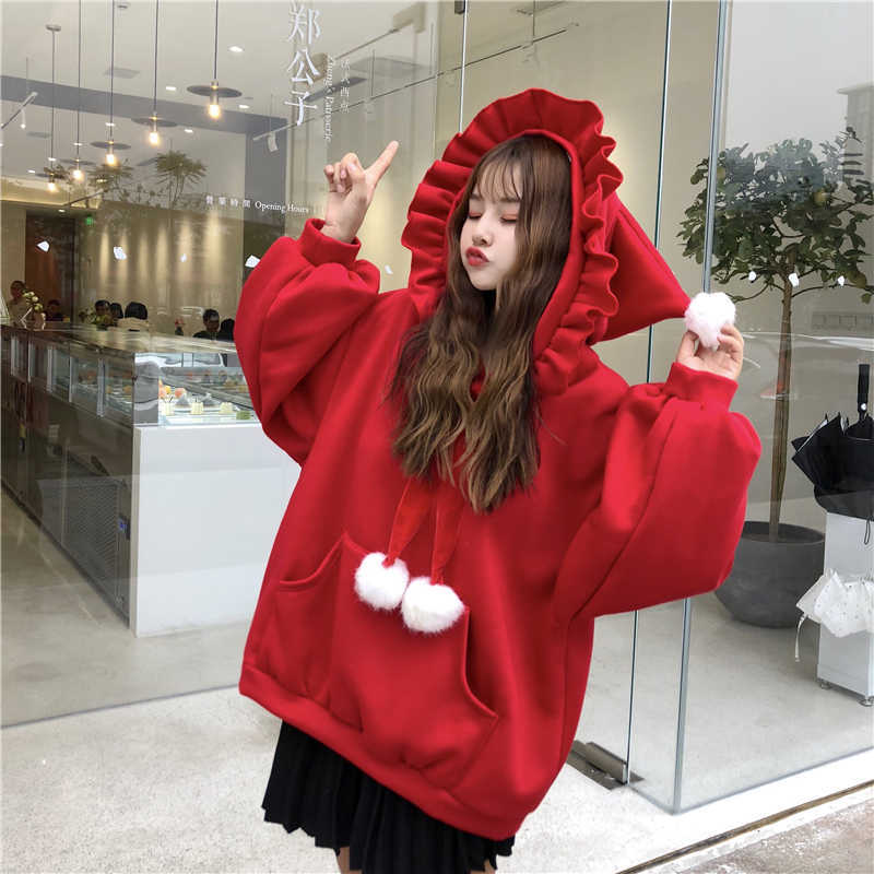 

Winter Warm Kawaii Hooded Pullover Women Christmas Long Hoodies Oversize Cloth Red Yellow Cute Ruffle Lolita Lovely Sweatshirts 210601