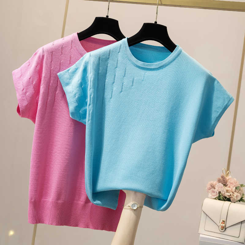 

plus size Knitted Pullovers Sweaters short Sleeve Korean Loose High Quality Sweater Soft Thin basic Jumper Pull Femme 210604, Blue