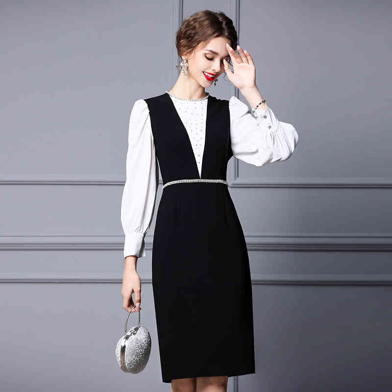 

Casual Dresses Zhili French dress autumn Hepburn temperament contrast color splicing Nail Drill long sleeve over Knee Skirt 7Q6H, Wine
