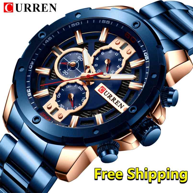 

CURREN Watches Men Stainless Steel Band Quartz Wristwatch Military Chronograph Clock Male Fashion Sporty Watch Waterproof 8336 210707, Silver-black