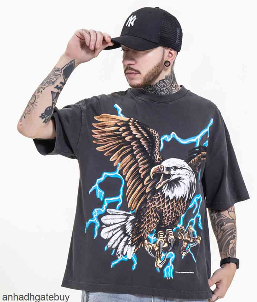 

Summer High Street Casual t Shirt Tide Brand European and American Lightning Eagle Oversize Short-sleeved T-shirtV81D, Black