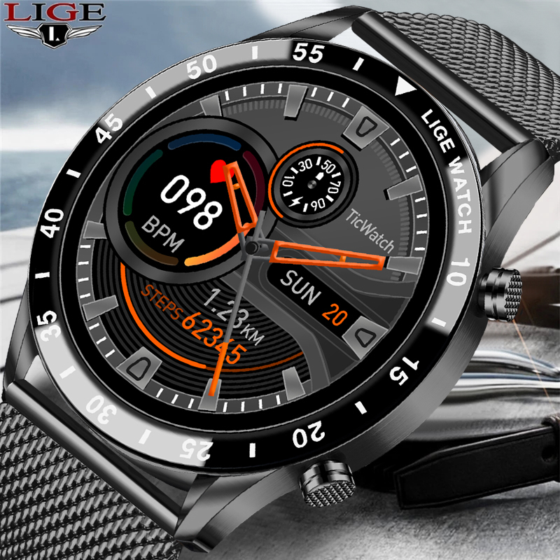 

LIGE 2021 New Men Smart watch Bluetooth Call Full touch screen sports Fitness watch IP67 waterproof watch For Android iOS + Boxg, Silicone black