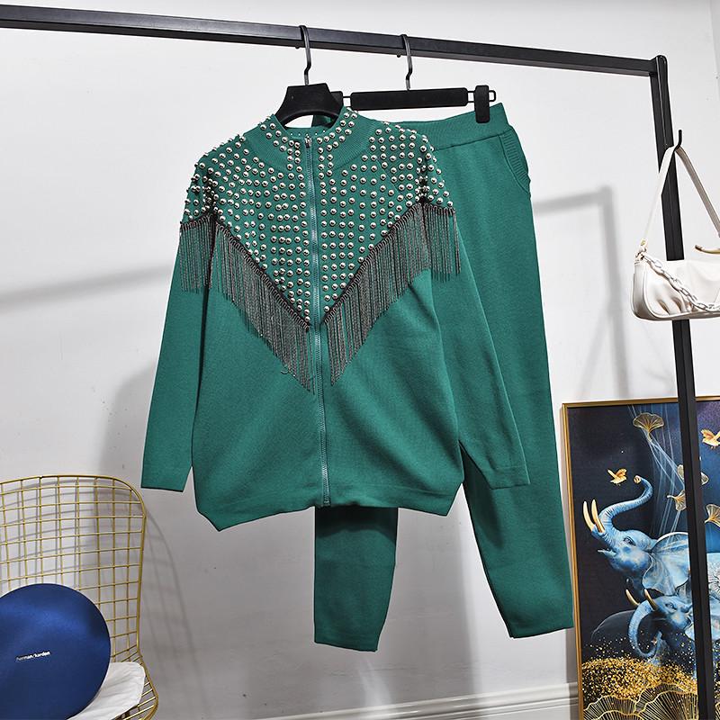 

Women' Two Piece Pants Autumn Set Heavy Riveting Nail Tassel Knitted Cardigan Jacket Harem Women Luxury 2pcs Suit Winter, Picture color