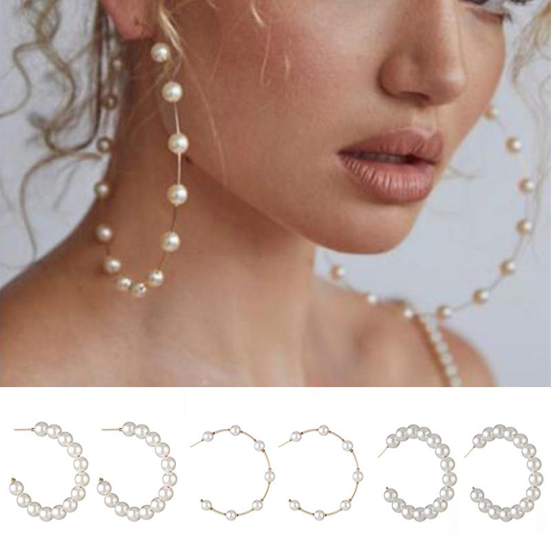 

Hoop & Huggie Boho White Imitation Pearl Round Circle Earrings Women Gold Big Earings Korean Jewelry Statement Wholesale