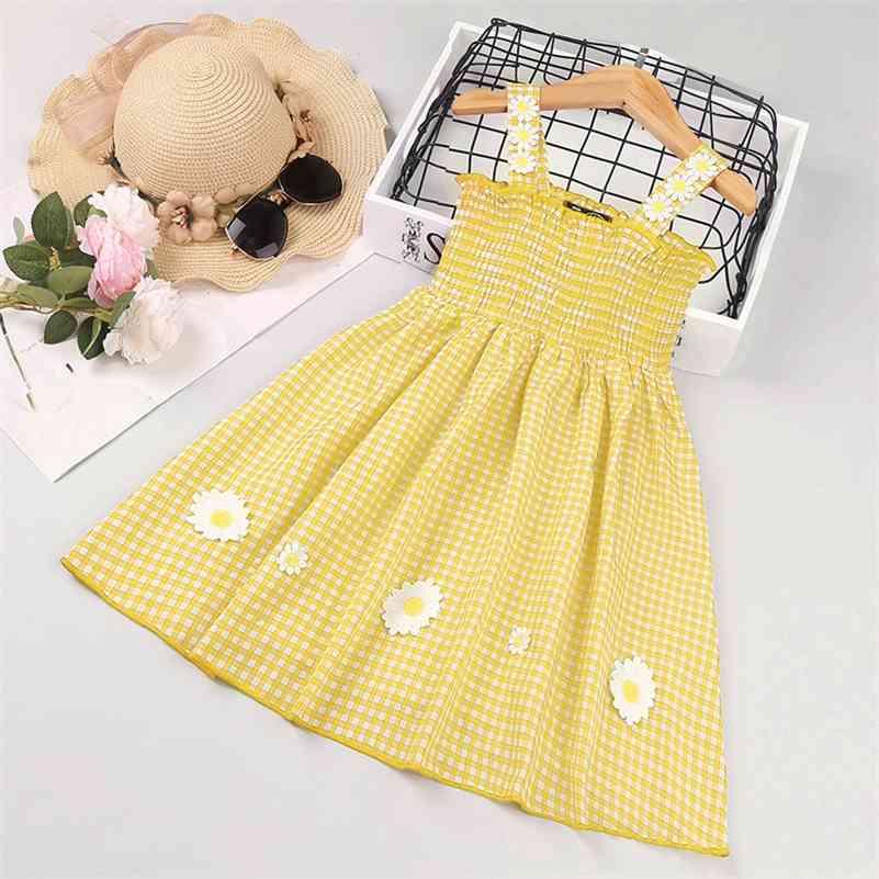 

Summer Arrivals Girls Dress Short Sleeve Decorative Flowers Plaid Cute Street Wear Vestidos 18M-6T 210629, Sky blue