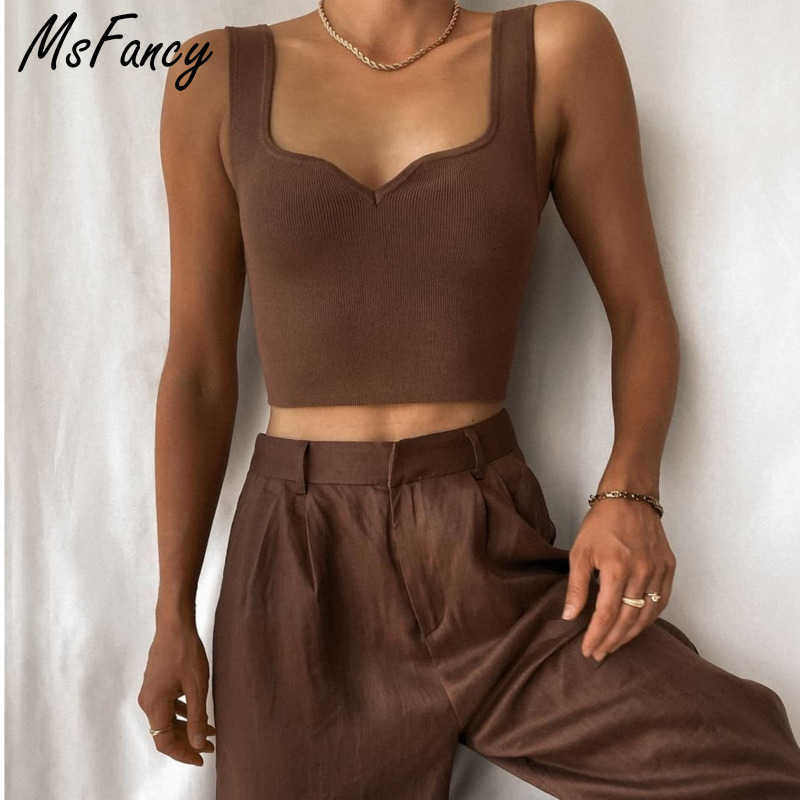 

Msfancy Summer Tank Top Women Knitted V- Neck Crop Tops Haut Femme Casual Tanks Camis 210604, Beige