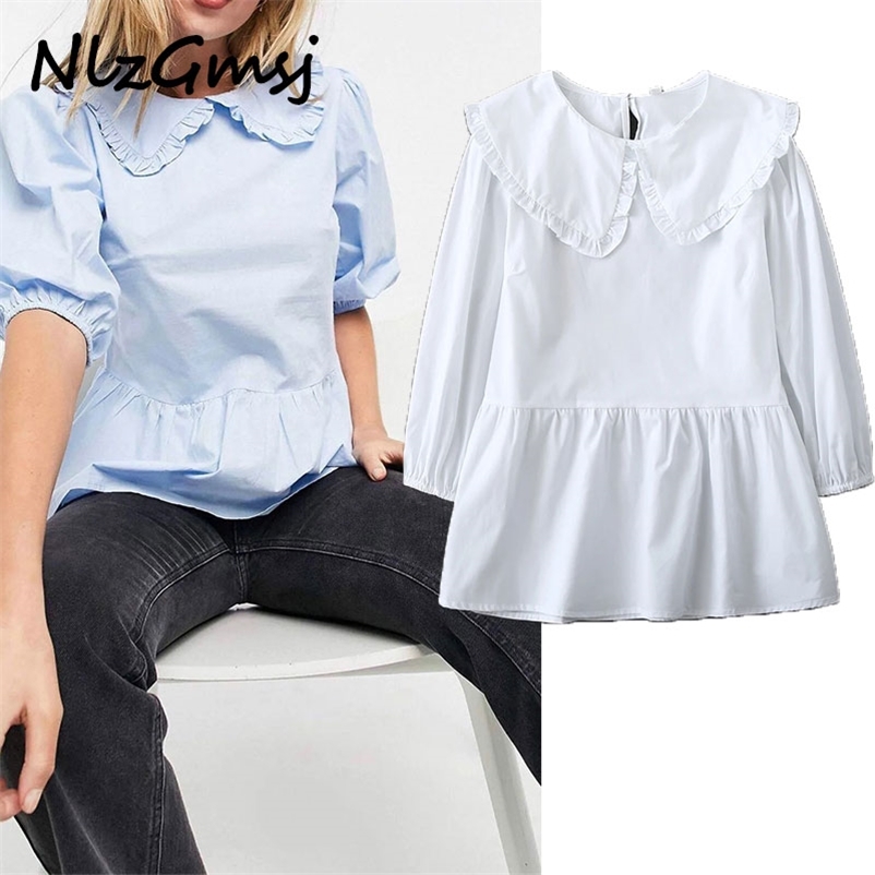 

Blouse Women Spring Peter Pan Collar Short Sleeve Ruffles Loose Oversize Shirts Tops 04 210628, As picture