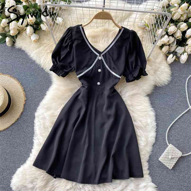 

Black Mini Dresses for Women Summer Korean Fashion Short Puff Sleeve V Neck A Line Simple Sundress Pullover 210607