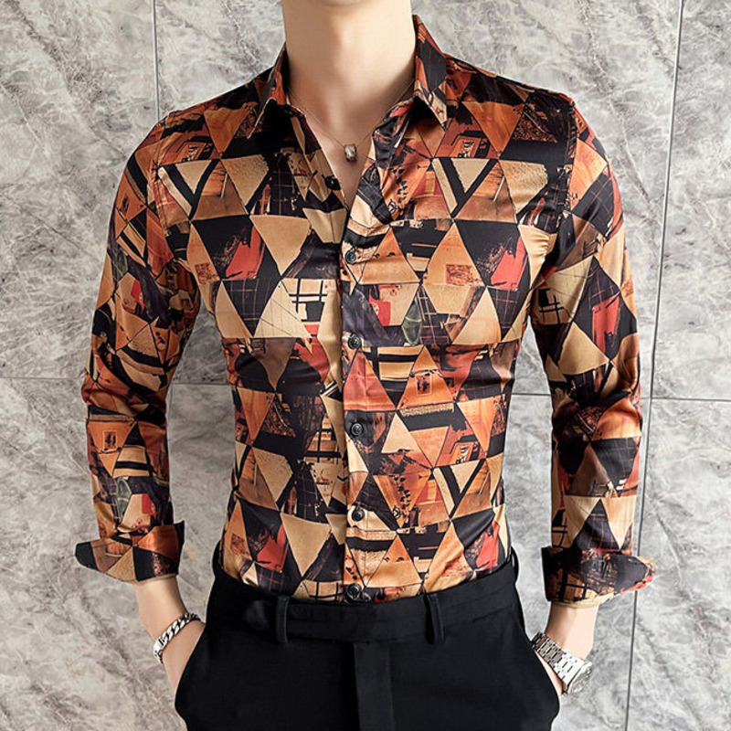 

New Black Gold Luxury Diamond Plaid Casual Camisa Masculina 2021 Spring Slim Triangle Printing Shirt Men 16mv, Yellow series